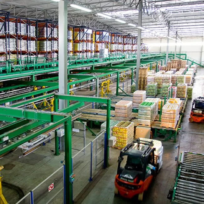 Magazyn wyrobów gotowych Zbyszko Company – wózek widłowy i palety z napojami